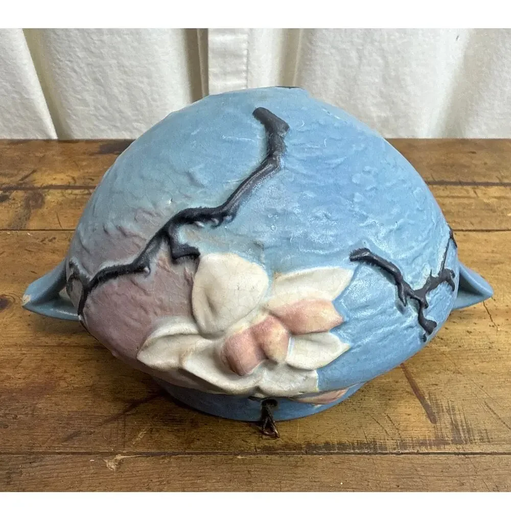 Roseville Pottery Vintage Blue Magnolia Hanging Basket Planter Floral Handles